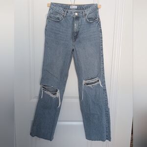 Zara Light Blue Wide Leg Distressed Jeans